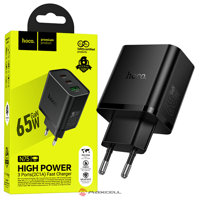 Hoco (N75) » Incarcator Retea, GaN, PD65W, 2xUSB-C, 1xUSB, QC3.0, High Power, FastCharger, BLACK