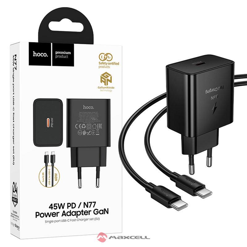 Hoco (N77) » Incarcator Retea + Cablu USB-C, 1m, GaN, PD45W, 1xUSB, QC 3.0, Adaptive, FastCharger, BLACK