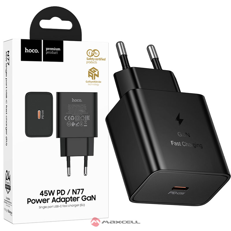 Hoco (N77) » Incarcator Retea, GaN, PD45W, 1xUSB, QC 3.0, Adaptive, FastCharger, BLACK
