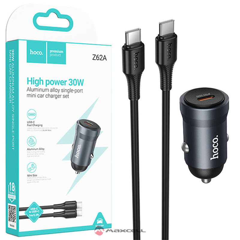 Hoco (Z62A) » Incarcator Auto + Cablu USB-C, 1m, PD30W, 1xUSB-C, High Power, FastCharger, GRAY