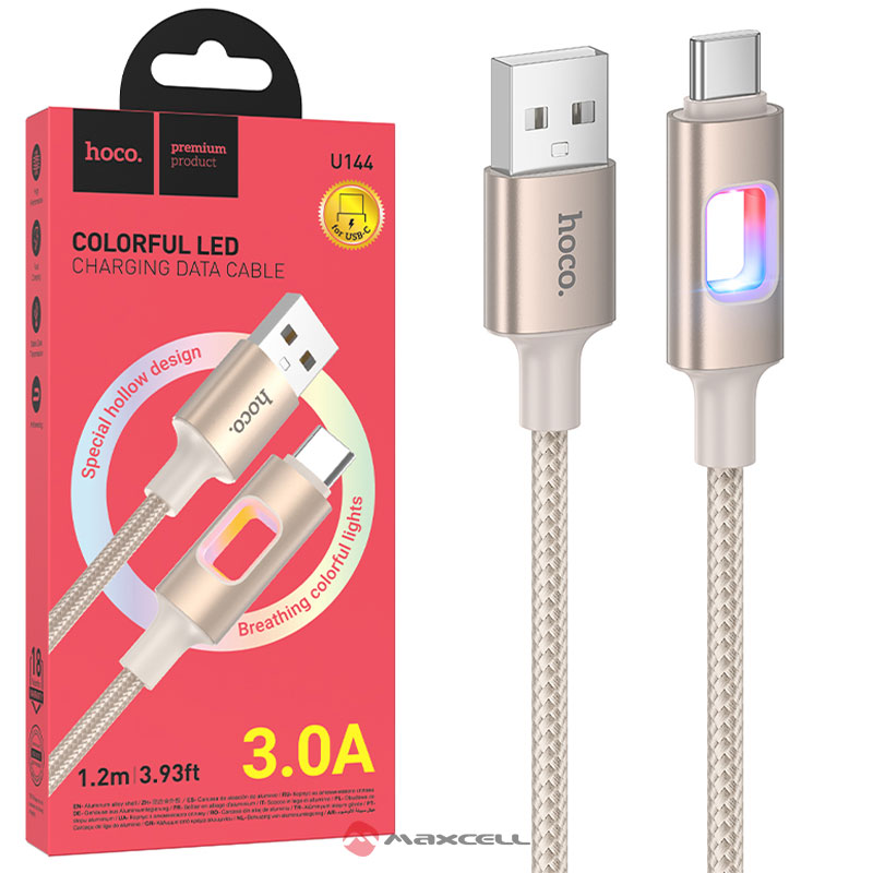 Hoco (U144) » Cablu Date si Incarcare, USB la USB-C, QC 3.0, 3A, LED Hollow, 1.2m, GOLD