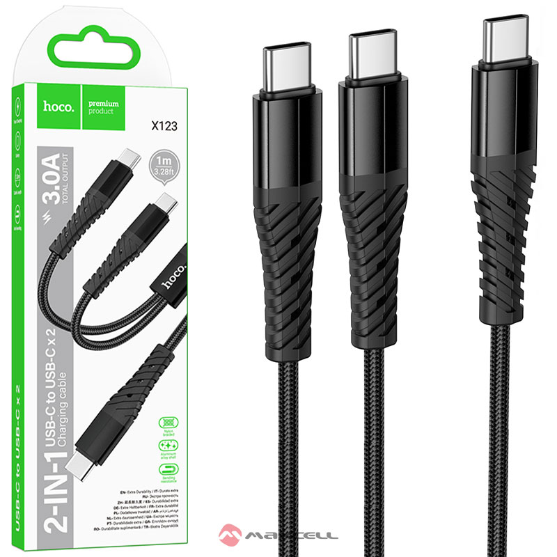 Hoco (X123) » Cablu Date si Incarcare, USB-C la 2xUSB-C, 3A, 2 in 1, Braided, FastCharge, 1m, BLACK