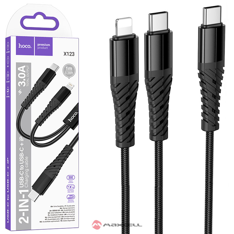 Hoco (X123) » Cablu Date si Incarcare, USB-C la Lightning / USB-C, 2 in 1, Braided, FastCharge, 1m, BLACK