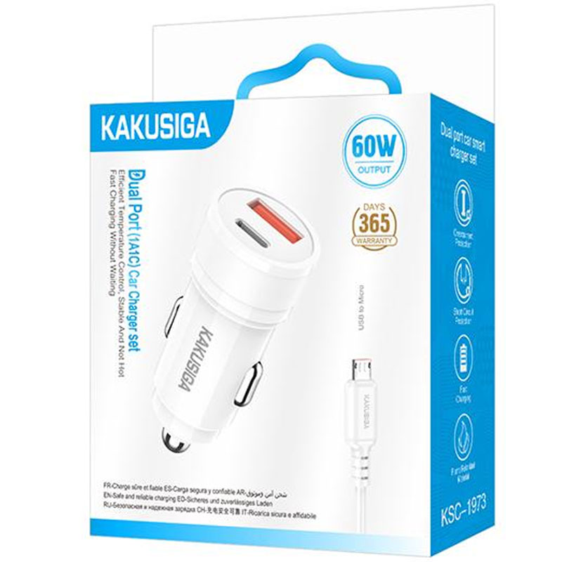 Kakusiga (KSC-1973) » Incarcator Auto + Cablu MicroUSB, 1m, (PD60W+QC3.0) 5V, 1xUSB, 1xUSB, Fast, WHITE