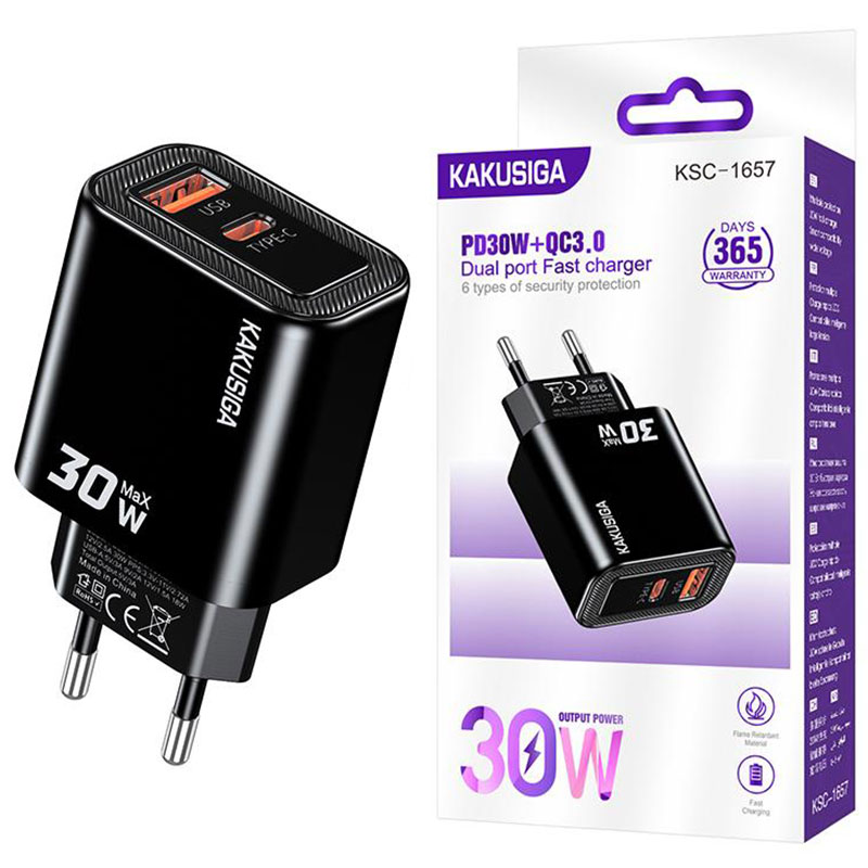 Kakusiga (KSC-1657) » Incarcator Retea, (PD30W+QC3.0) 5V, 1xUSB, 1xUSB, Fast, BLACK