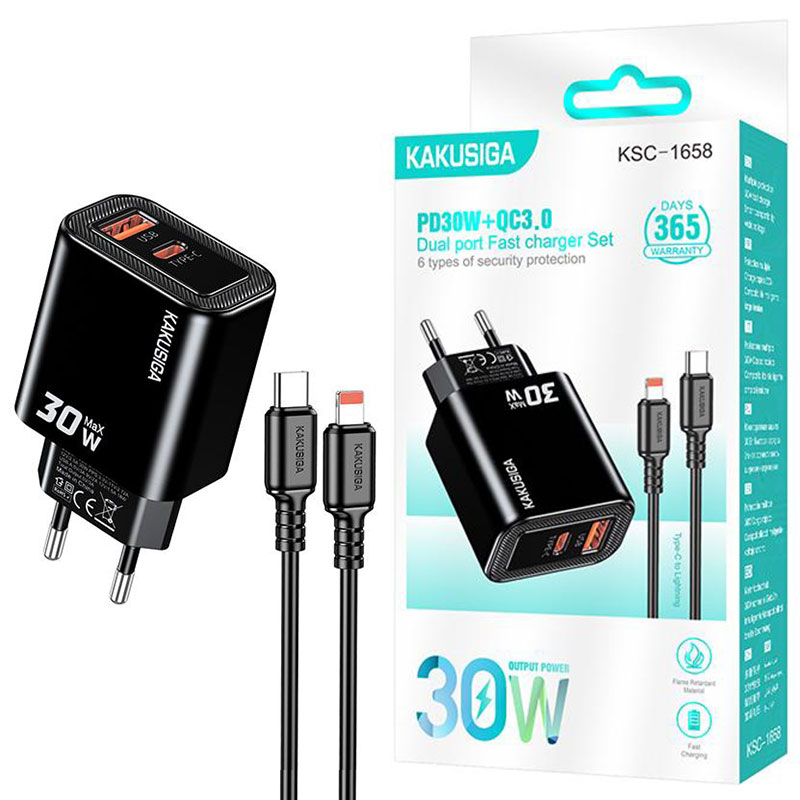 Kakusiga (KSC-1658) » Incarcator Retea + Cablu Lightning, 1m, (PD30W+QC3.0) 5V, 1xUSB, 1xUSB, Fast, BLACK
