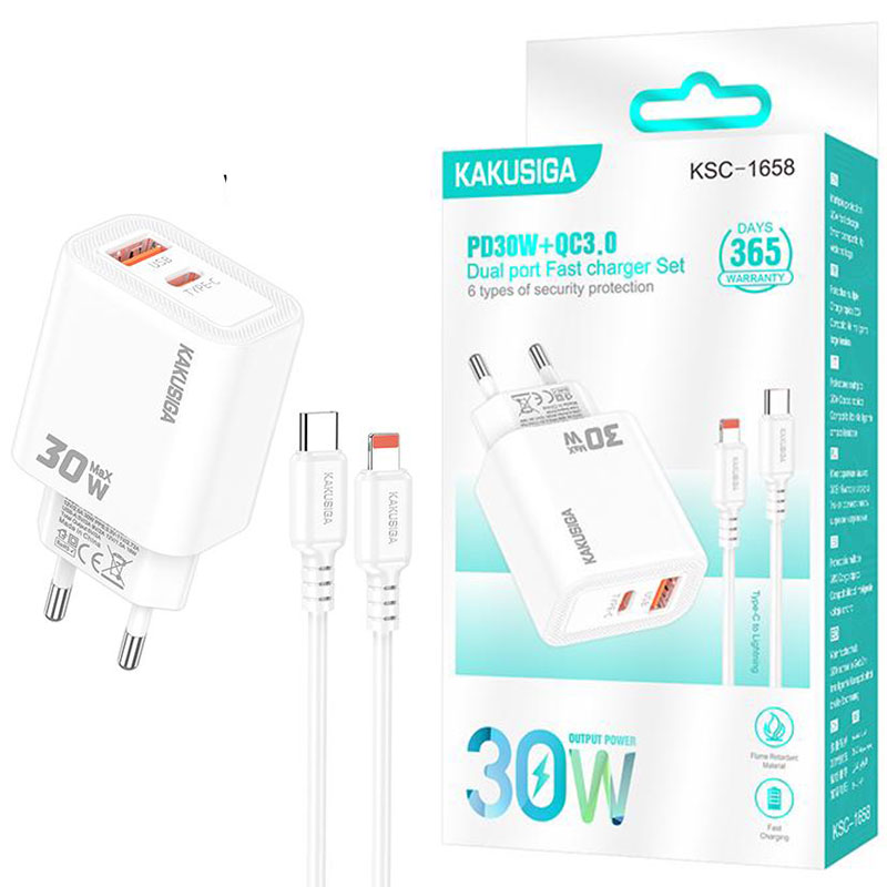 Kakusiga (KSC-1658) » Incarcator Retea + Cablu Lightning, 1m, (PD30W+QC3.0) 5V, 1xUSB, 1xUSB, Fast, WHITE
