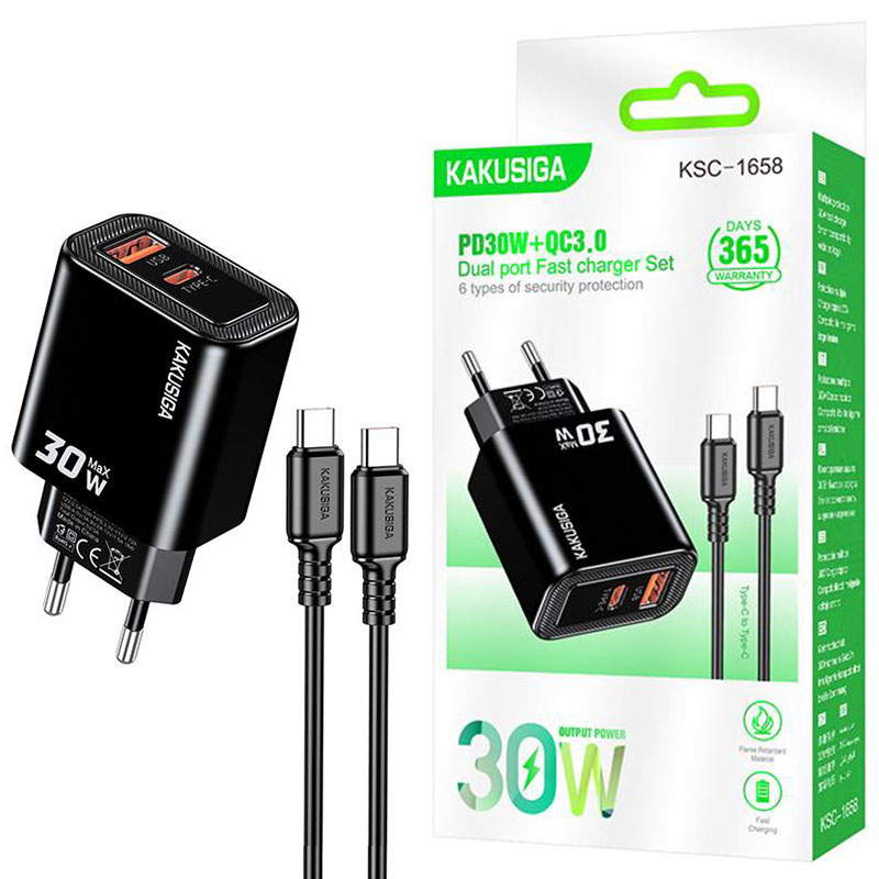 Kakusiga (KSC-1658) » Incarcator Retea + Cablu USB-C, 1m, (PD30W+QC3.0) 5V, 1xUSB, 1xUSB, Fast, BLACK