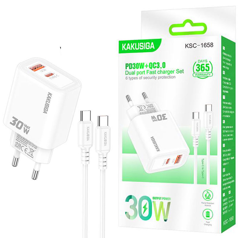 Kakusiga (KSC-1658) » Incarcator Retea + Cablu USB-C, 1m, (PD30W+QC3.0) 5V, 1xUSB, 1xUSB, Fast, WHITE