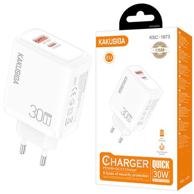 Kakusiga (KSC-1673) » Incarcator Retea, (PD30W+QC3.0) 5V, 1xUSB, 1xUSB, Fast, WHITE