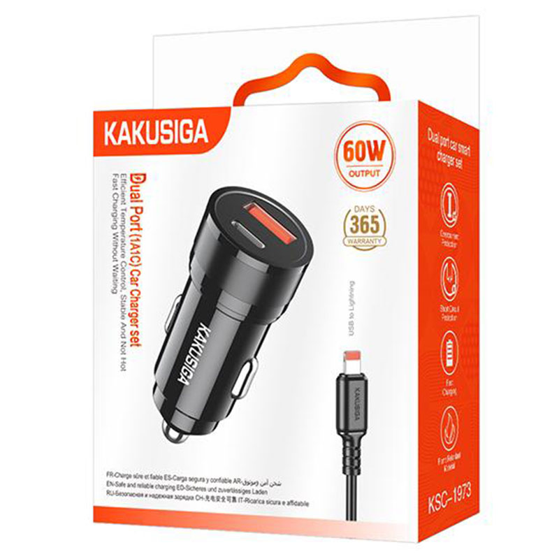 Kakusiga (KSC-1973) » Incarcator Auto + Cablu Lightning, 1m, (PD60W+QC3.0) 5V, 1xUSB, 1xUSB, Fast, BLACK