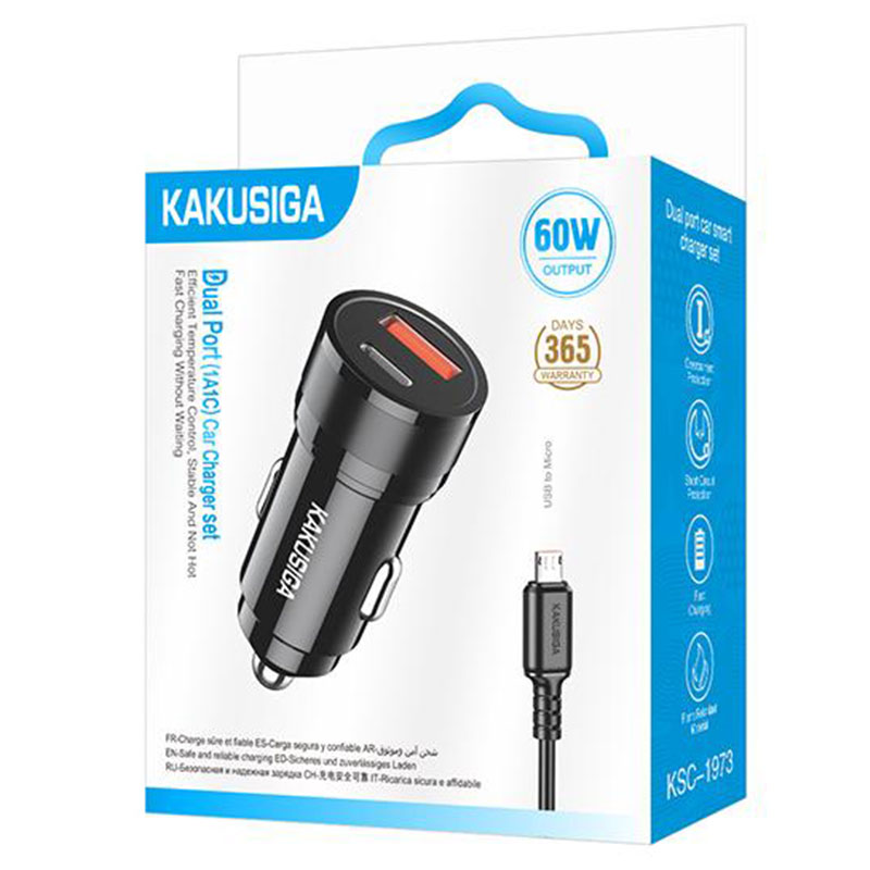 Kakusiga (KSC-1973) » Incarcator Auto + Cablu MicroUSB, 1m, (PD60W+QC3.0) 5V, 1xUSB, 1xUSB, Fast, BLACK