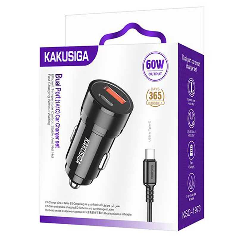 Kakusiga (KSC-1973) » Incarcator Auto + Cablu USB-C, 1m, (PD60W+QC3.0) 5V, 1xUSB, 1xUSB, Fast, BLACK