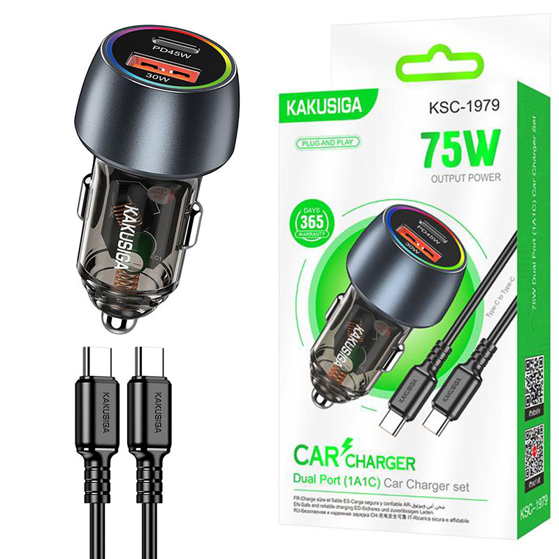 Kakusiga (KSC-1979) » Incarcator Auto + Cablu USB-C, 1m, (PD75W+QC3.0) 5V, 1xUSB, 1xUSB, Fast, Ambient Light, BLACK