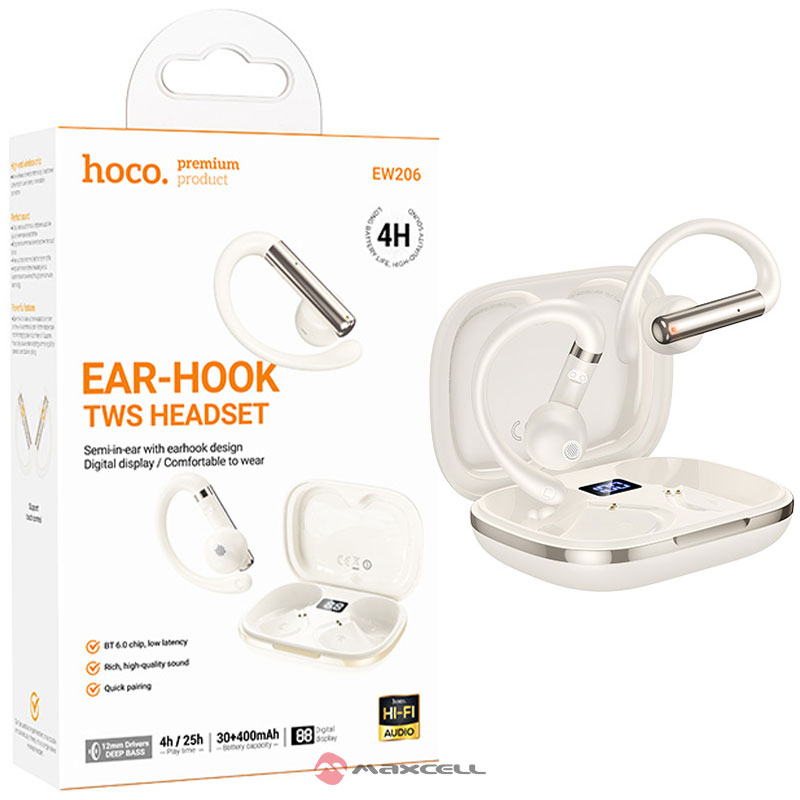 Hoco (EW206) » Casti Wireless, EarHook, BT 6.0, 25h StandBy, 30/400mAh, LED Digital, SILVER