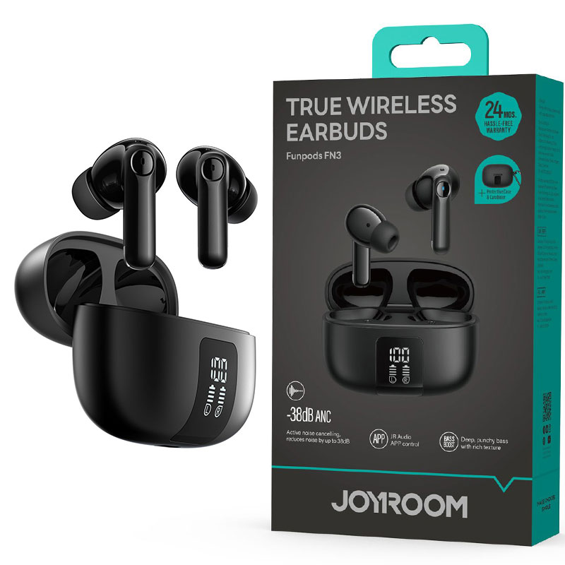 Joyroom (JR-FN3) » Casti Wireless, Ear Buds, BT 5.4, 35/350mAh, + Husa Silicon, PowerLED, BLACK