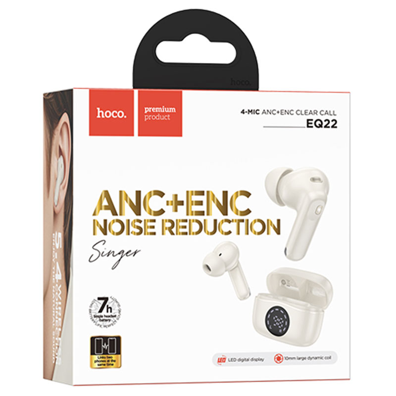 Hoco (EQ22) » Casti Wireless, Ear Buds, BT 5.4, 40/400mAh, ANC+ENC, PowerLED, Cloudy/WHITE