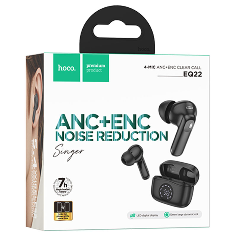 Hoco (EQ22) » Casti Wireless, Ear Buds, BT 5.4, 40/400mAh, ANC+ENC, PowerLED, Midnight/BLACK