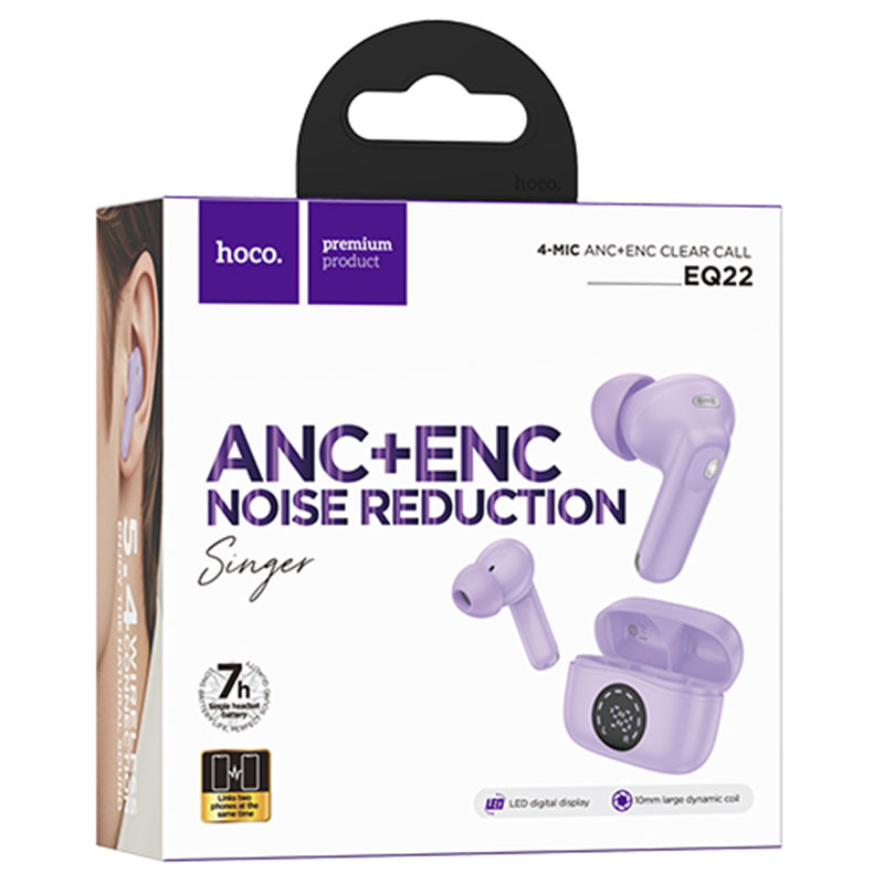 Hoco (EQ22) » Casti Wireless, Ear Buds, BT 5.4, 40/400mAh, ANC+ENC, PowerLED, Taro/PURPLE