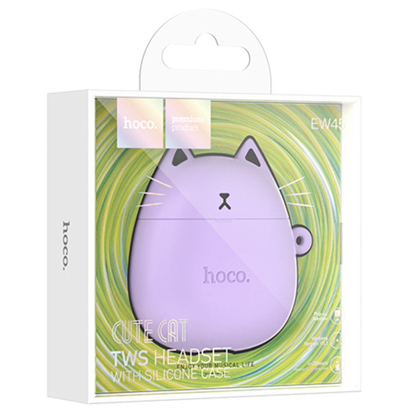 Hoco (EW45) » Casti Wireless, Ear Buds, BT 5.3, 200mAh, + Husa CatCase, Lilac/BLUE