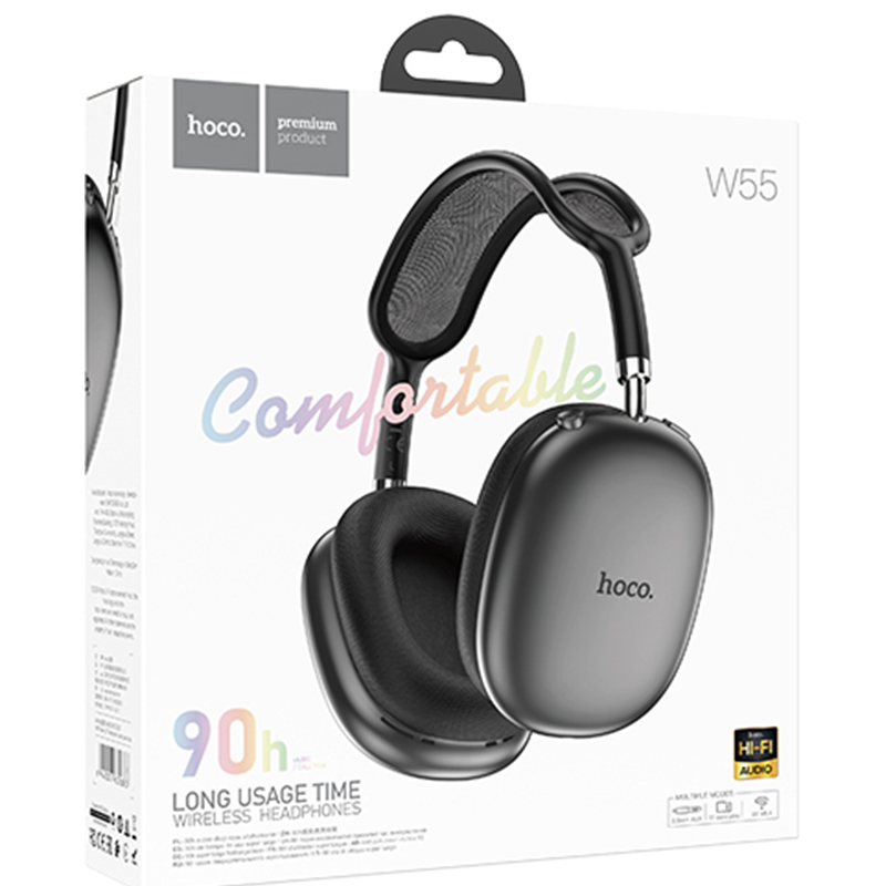 Hoco (W55) Casti Wireless, Over Ear, BT 5.4, 200h StandBy, TF Card, GRAY
