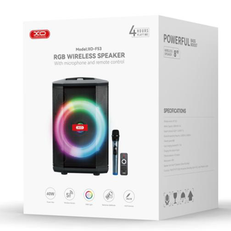 XO (F53) » Boxa Portabila, Wireless BT 5.0, 40W, 3600mAh, cu microfon si telecomanda, TF card RGB Ambient Light, Black