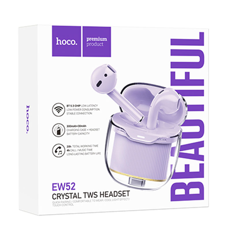 Hoco (EW52) - Casti Wireless, Ear Buds, BT 5.3, 180h StandBy, 300mAh, Crystal, Purple