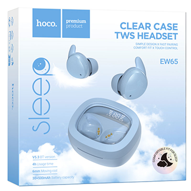 Hoco (EW65) - Casti Wireless, Ear Buds, BT 5.3, 180h StandBy, Noise Cancelling, pentru concentrare/somn, 500mAh | Blue