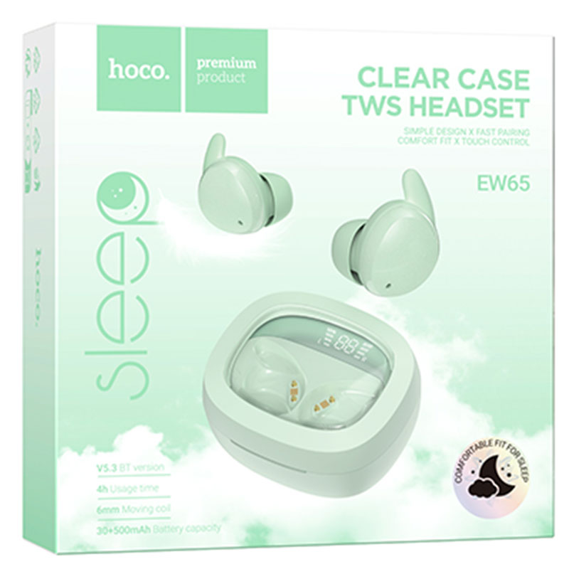 Hoco (EW65) - Casti Wireless, Ear Buds, BT 5.3, 180h StandBy, Noise Cancelling, pentru concentrare/somn, 500mAh | Green