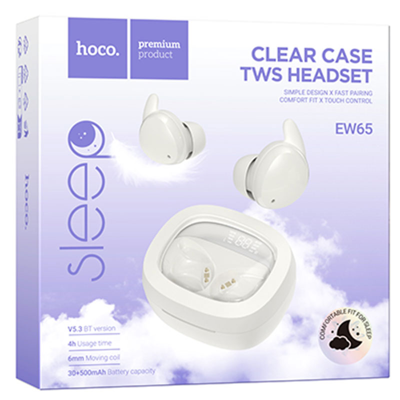 Hoco (EW65) - Casti Wireless, Ear Buds, BT 5.3, 180h StandBy, Noise Cancelling, pentru concentrare/somn, 500mAh, White