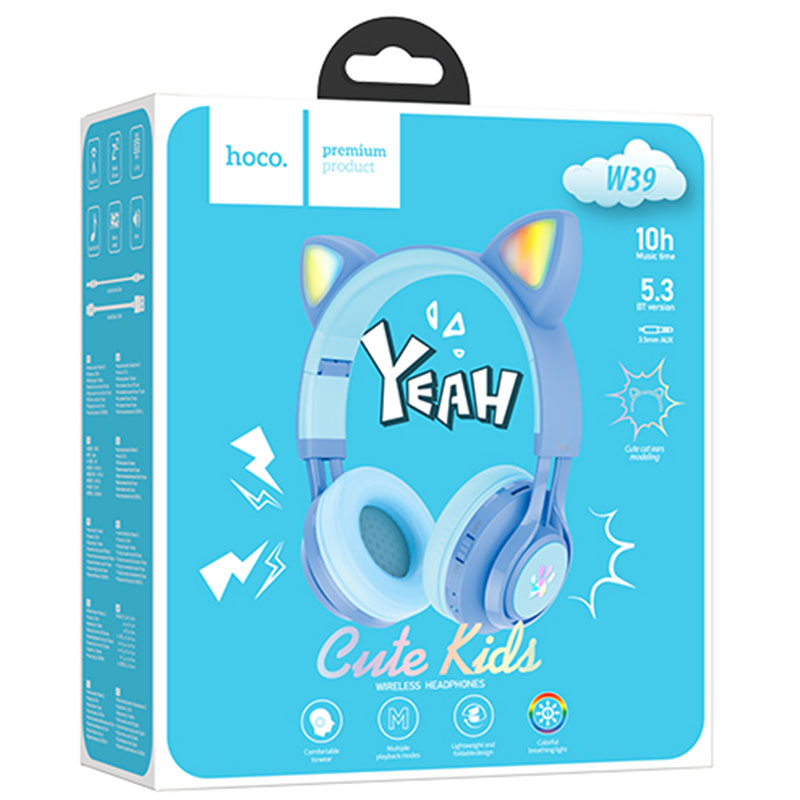 Hoco (W39) - Casti Wireless, KIDS, Over Ear, BT 5.3, Stand-By 120h, 400mAh, Cat Ears | Blue