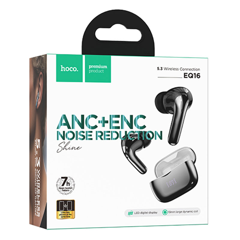 Hoco (EQ16) - Casti Wireless, Ear Buds, BT 5.3, 180h StandBy, 320mAh, ANC, Glaze, Black