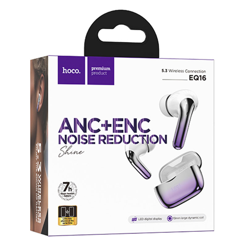 Hoco (EQ16) - Casti Wireless, Ear Buds, BT 5.3, 180h StandBy, 320mAh, ANC, Glaze, Purple