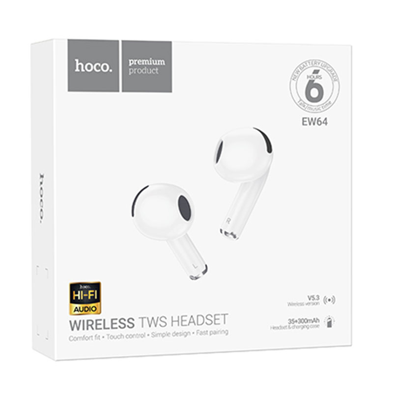 Hoco (EW64) - Casti Wireless, Ear Buds, BT 5.3, 180h StandBy, 300mAh, Slide Tuning, White