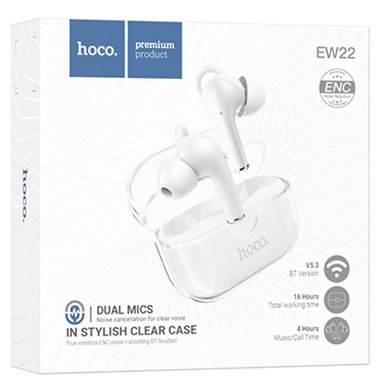 Hoco (EW22) - Casti Wireless, Ear Buds, BT 5.3, 150h StandBy, 300mAh, ENC Noise, Cantante, White
