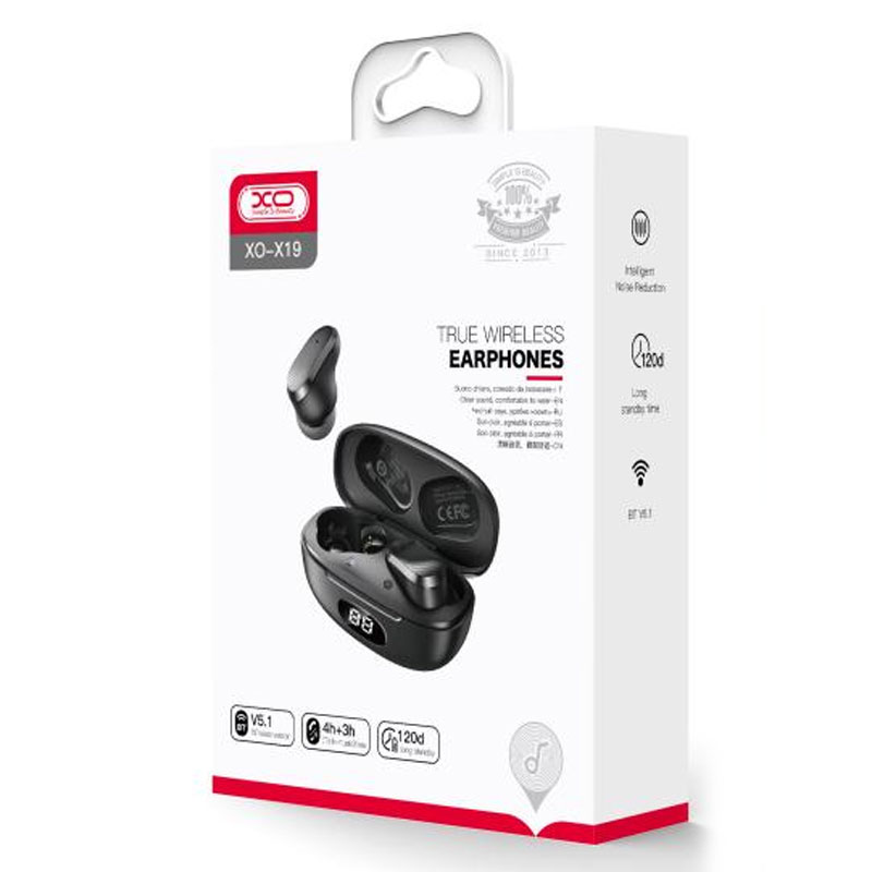 XO (X19) - Casti Wireless, Ear Buds, BT 5.1, 200h StandBy, 250mAh, Ark, Black