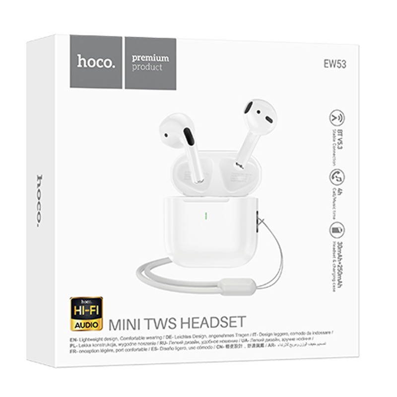 Hoco (EW53) - Casti Wireless, Ear Buds, BT 5.3, 150h StandBy, 250mAh, Lanyard, Lucky, White