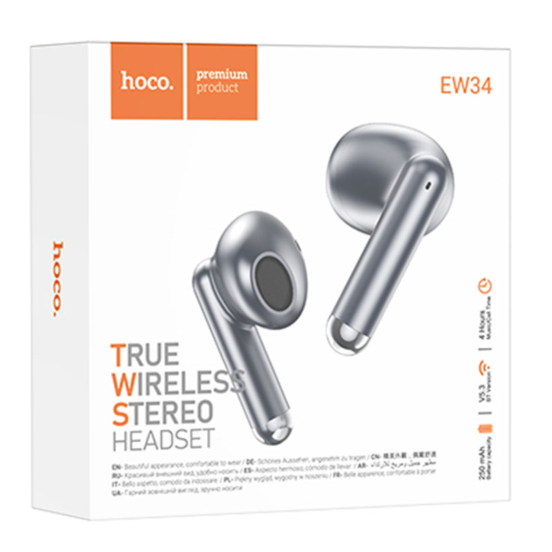 Hoco (EW34) - Casti Wireless, Ear Buds, BT 5.3, 150h StandBy, 250mAh, Full, Gray