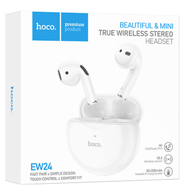 Hoco (EW24) - Casti Wireless, Ear Buds, BT 5.3, 180h StandBy, 200mAh, Assist, White