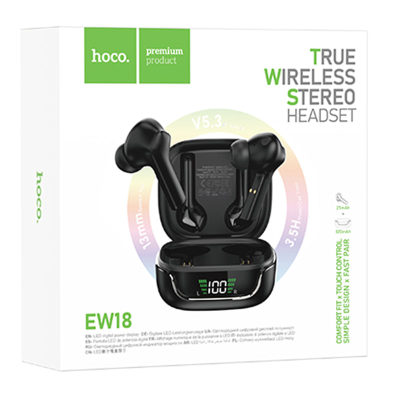 Hoco (EW18) - Casti Wireless, Ear Buds, BT 5.3, 150h StandBy, 300mAh, Wireless Case, Black