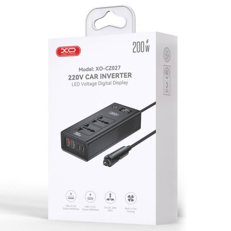 XO (CZ027) » Invertor Auto, output 2xUBS-C, 2xUSB-A, 2xPriza 220V, Power LED, BLACK