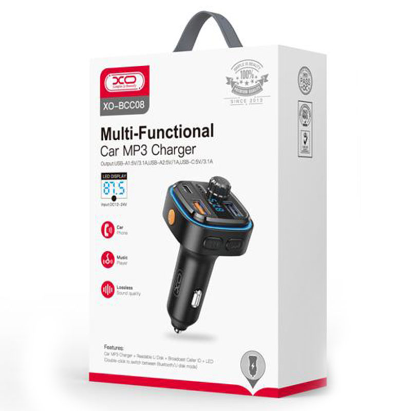 XO (BCC08) - Modulator FM | BT, 5V, 3.1A, 1xUSB-C, 2xUSB-A, PD, QC 3.0, Light Ambinet, Black