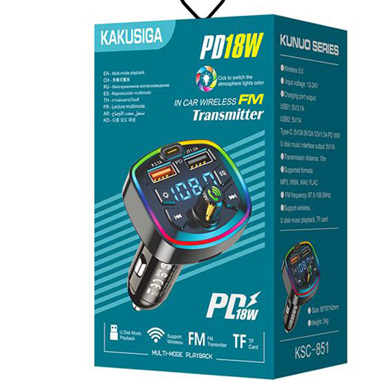 Kaku (KSC-851) - Modulator FM | BT, 18W, 1xUSB-C, 2xUSB-A, PD, QC 3.0, Light Ambient, Black