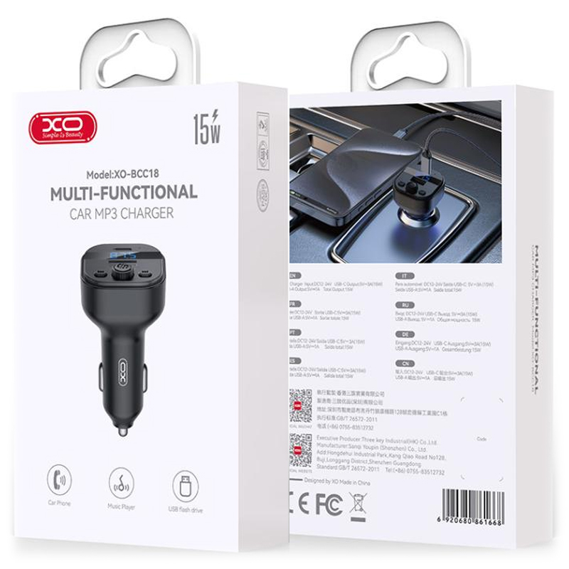 XO (BCC18) Modulator FM, 1xUSB-C, 1xUSB-A, BT 5.3, 5V, 3.1A, Mp3, Black
