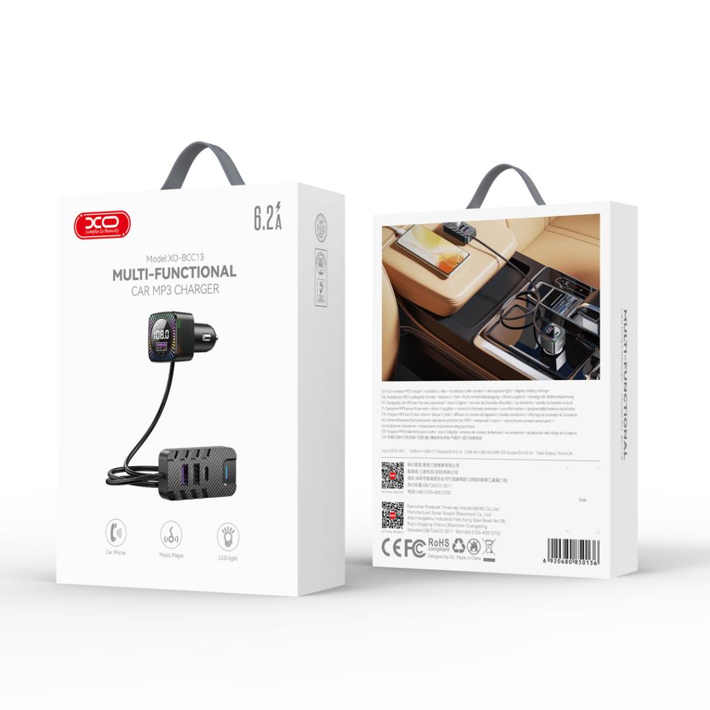 XO (BCC13) Modulator FM, BT cu cablu extensibil 1.5m, 5V, 2xUSB-C, 3xUSB-A. 3.1A, Mp3 Expansion, Black