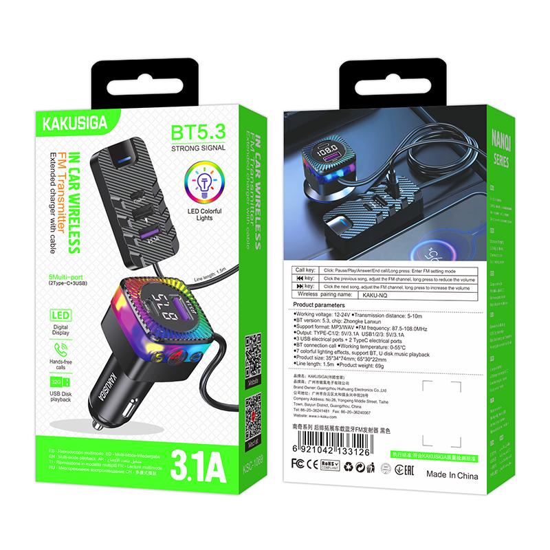Kaku (KSC-1069) Modulator FM, BT 5.3 cu cablu, 3.1A, 2xUSB-C, 3xUSB-A, PD, QC 3.0, LED Ambient, Black