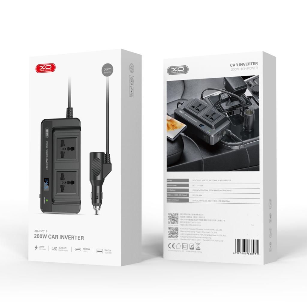XO (CZ011) Invertor auto, 200W, RMS, iesire 220V, 1xUSB-C, 2xUSB-A, indicator LED, Black