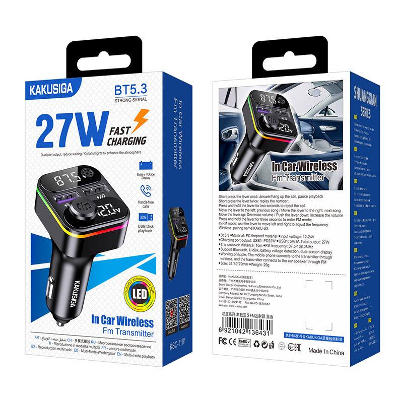 Kaku (KSC-1181) - Modulator FM/Incarcator Auto, PD27W, 2xUSB-A, Functie HandsFree, Black