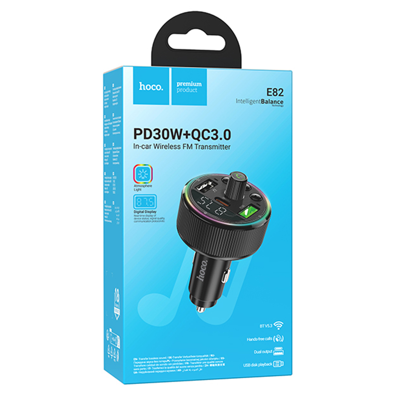 Hoco (E82) - Modulator FM/Incarcator Auto, PD30W, 5V, 4.5A, 1xUSB-C, 2xUSB-A, Inteligent Balance, Ambient Light, Black