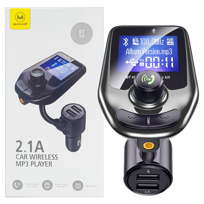 Maxcell (CC090) - Modulator FM, BT 5.0, 2x USB-A, Jack 3.5mm, 2.1A, cu Display LED, Black